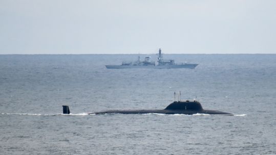 HMS Portland shadows Russian submarine Severodvinsk DATE UNKNOWN CREDIT Royal Navy.jpg 