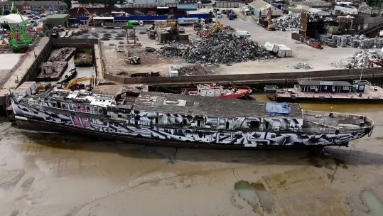 HMS President due to be scrapped at Erith, River Thames 120826 CREDIT BFBS