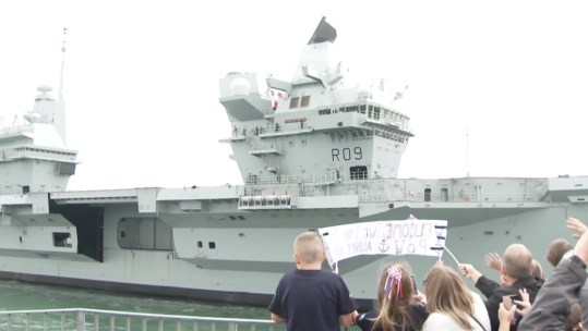 HMS Prince of Wales returns to Portsmouth for first time after nine months of repairs 040823 CREDIT BFBS