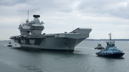 HMS Prince of Wales sails into Portsmouth after first overseas port visit in Gibraltar and training at sea 150721 CREDIT BFBS