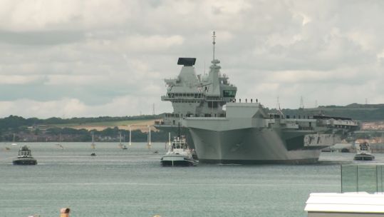 HMS Prince of Wales sets sail from Portsmouth for trials off US coast 010923 CREDIT BFBS
