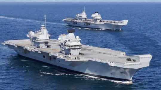 HMS Queen Elizabeth and HMS Prince of Wales at sea together pic 1 200521 CREDIT Crown Copyright