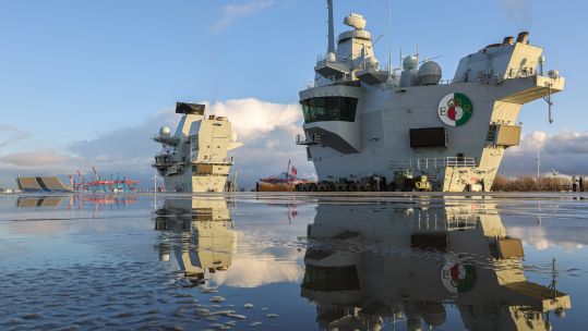 HMS Queen Elizabeth flight deck,ramp and Islands.in Hamburg.