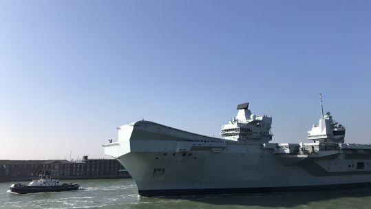 HMS Queen Elizabeth sets sail as flagship for first time from Portsmouth 010321 CREDIT BFBS