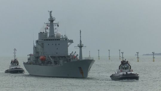 HMS Scott arrives in Portsmouth.