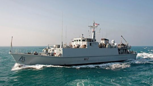 HMS Shoreham, a Sandown-class minehunter, off the coast of Bahrain whilst deployed on Op Kipion (Picture: MOD).