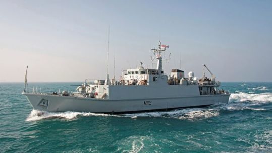 HMS Shoreham, a Sandown-class minehunter, off the coast of Bahrain whilst deployed on Op KIPION