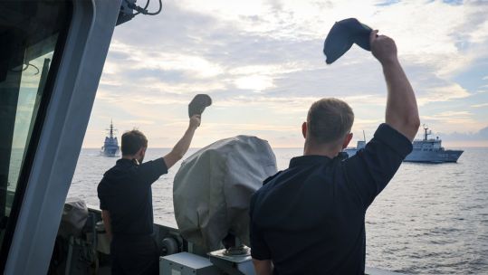The crew of HMS Spey mark the end of Exercise Bersama Shield CREDIT MOD