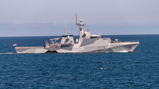 HMS Spey leaving Falmouth Harbour with dazzle paintwork