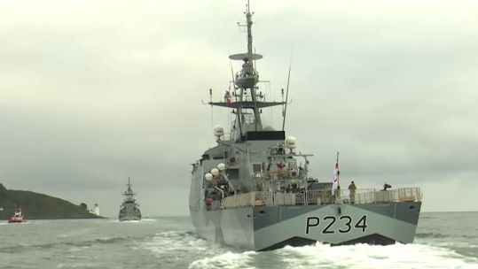 HMS Spey with Pennant Number displayed on the back of the ship