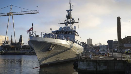HMS Spey, the Offshore Patrol Vessel, alongside in 2 Basin, HMNB Portsmouth, as she joins the Royal Navy
