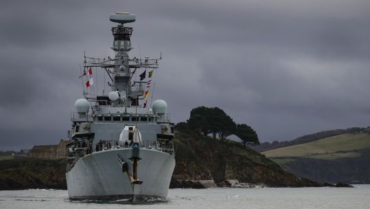 HMS Sutherland passes Drake’s Island as the frigate returns to Plymouth from her last day at sea until 2023. 231020 CREDIT ROYAL NAVY .jpg