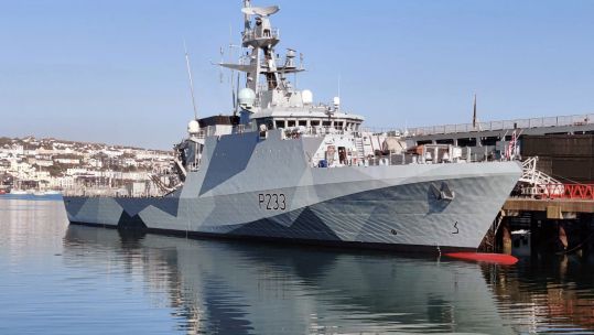 HMS Tamar becomes first Navy vessel to get dazzle camouflage since end of WW2 270421 CREDIT ROYAL NAVY