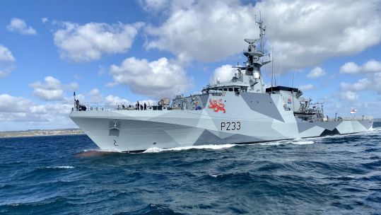 Cover image: HMS Tamar at sea with her dazzle camouflage paint scheme after departing Falmouth, Cornwall. 