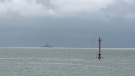 HMS Tamar patrolling waters off Jersey coast following protest by French fishermen.
