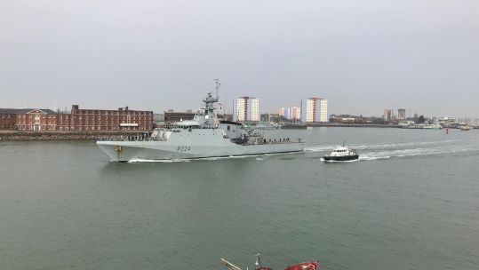 HMS Trent departing Portsmouth Naval Base for Gibraltar, where it will become the first vessel to be permanently based at the Rock