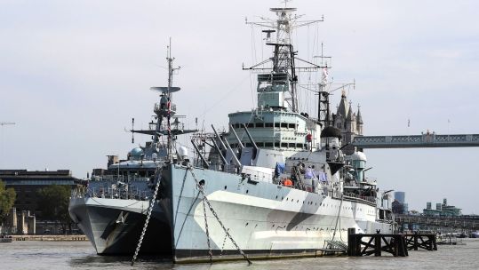 HMS Tamar berthed alongside HMS Belfast on the River Thames in September 2020 (Picture: Royal Navy)