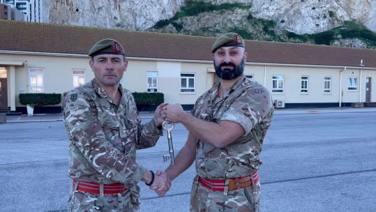 Lt Col Matt Moore (left) hands over command of the Royal Gibraltar Regiment to Lt Col John Pitto