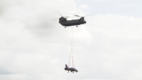 The Hawk is airlifted by the Chinook.