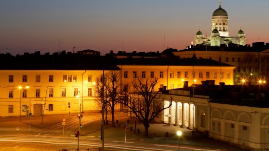 Helsinki cathedral and skyline at dusk with presidential palace illuminated (Picture: nobleIMAGES Alamy Stock Photo).