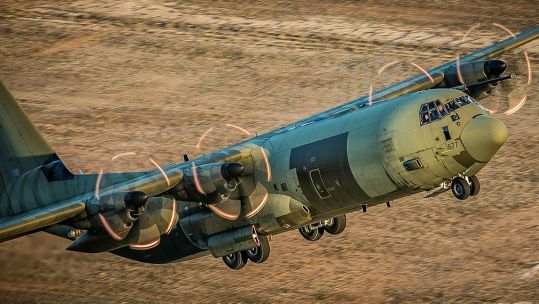 An RAF Hercules aircraft taking off from RAF Akrotiri