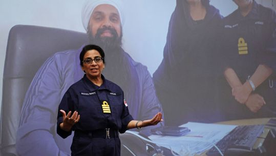 Honorary Captain Durdan Ansari addressing the audience at the launch of the Royal Navy Race and Diversity Network