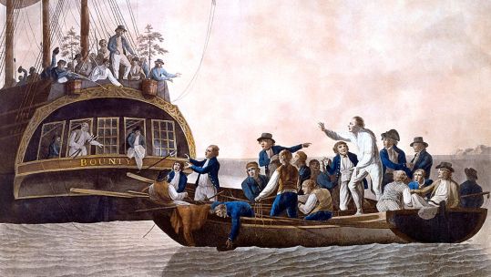 Image ID KPTWWR Mutiny on the Bounty, Fletcher Christian and the HMS Bounty mutineers turn Lieutenant William Bligh and 18 others adrift on 28 April 1789 CREDIT GL Archive Alamy Stock Photo