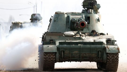 Russian armoured vehicles in Crimea approach the Ukrainian border on Thursday as Russia launched its invasion of Ukraine