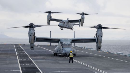 Image ID 2J245NK US Marines land two MV-22B Ospreys on HMS Prince of Wales during Ex Cold Response 2022, Norwegian Sea 26032022 CREDIT APFootage,Alamy Stock Photo