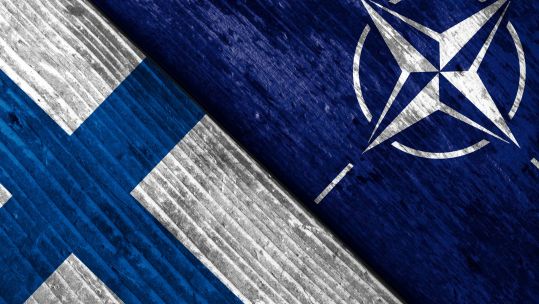 Image ID 2J553HJ Image of flags of NATO and Finland 20042022 CREDIT designer491, Alamy Stock Photo
