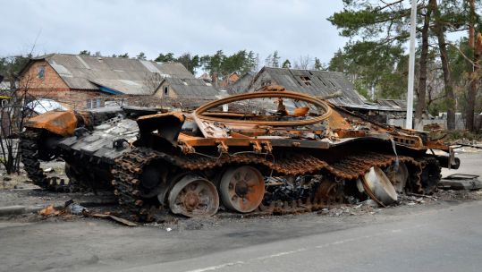 A destroyed Russian tank following Ukrainian counter-attacks