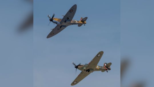 Image ID 2JHK0PW Battle of Britain Memorial Flight RAF Coningsby, Supermarine Spitfire and Hawker Hurricane 16072022 CREDIT Malcolm Park, Alamy.jpg