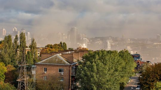 Thick smoke from fire rises over downtown Kyiv after a Russian missile attack in retaliation for the Crimean bridge destruction