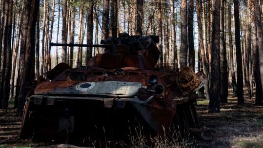 A destroyed Russian tank with the letter 'O' seen in Sviati Hory National Park, Donetsk region