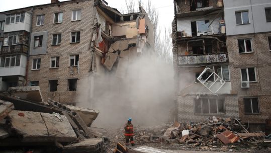 Residential building collapses as it was hit by a Russian S-300 missile in Mykolaiv, Ukraine