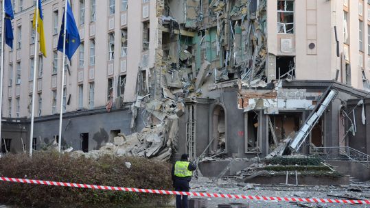 Image ID 2M673FA damage after rockets fired by Russian forces hit the center of Ukrainian capital Kyiv 31122022 CREDIT SOPA Images Limited Alamy Live News EXP 07012024.jpg