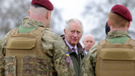 Image ID 2NH2K6G King Charles III meets Ukrainian recruits during a visit to a training site for recruits in Wiltshire 20023 EXP 041123 CREDIT PA IMAGES, ALAMY STOCK PHOTO