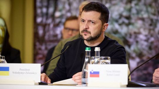 Ukrainian President Volodymyr Zelensky attends the first Bucha Summit Faces of Justice in Kyiv (Picture: Abaca Press/Alamy Stock Photo).