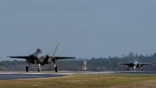 U.S. Air Force F-35A Lighting IIs assigned to the 493rd Fighter Squadron taxi down the runway at RAF Lakenheath (Picture: APFootage/Alamy Stock Photo).