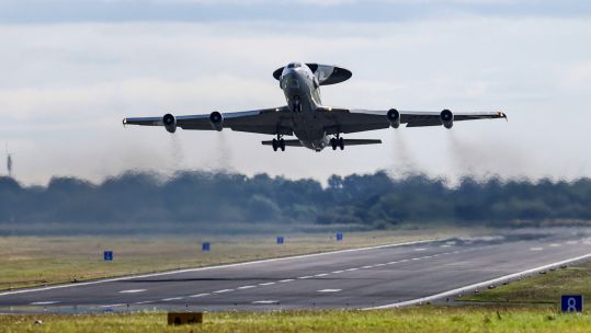 An Awacs aircraft Airborne warning and control system takes off from the NATO airbase in Geilenkirchen