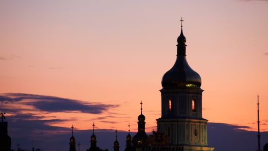 Bell tower of St Sophia's Cathedral at sunset Kyiv Ukraine (Picture: robertharding/Alamy Stock Photo).
