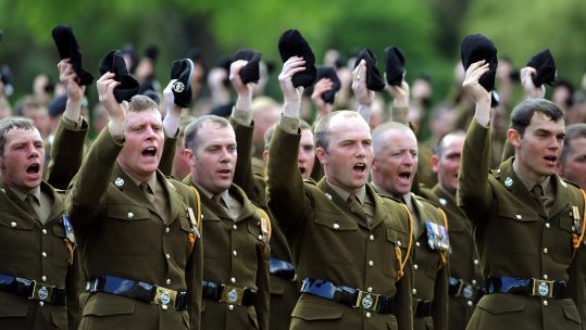 Royal Tank Regiment give three cheers for the Queen following the presentation of the regiment's new Standards