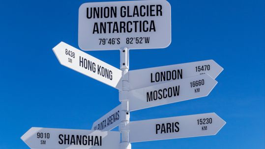 Signpost at the Union Glacier base in Antarctica (Picture: Rockymiles/Alamy Stock Photo).