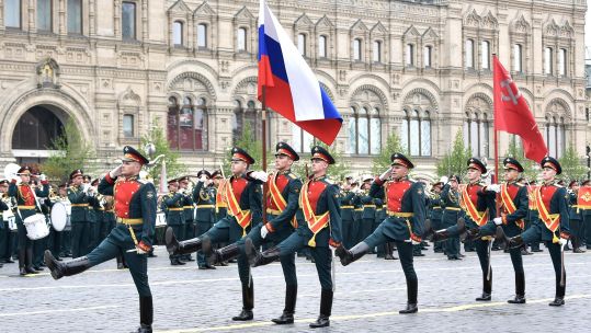 Russian soldiers march during the annual Victory Day military parade marking the 74th anniversary of the end of World War II in Red Square 