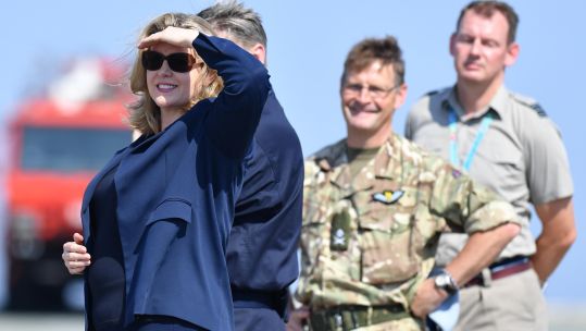 Image ID TX61HX Penny Mordaunt watches F-35 Lightning jet leave RAF Akrotiri during the jets first deployment overseas in 2019 24062022 CREDIT PA, Alamy Stock Images.jpg