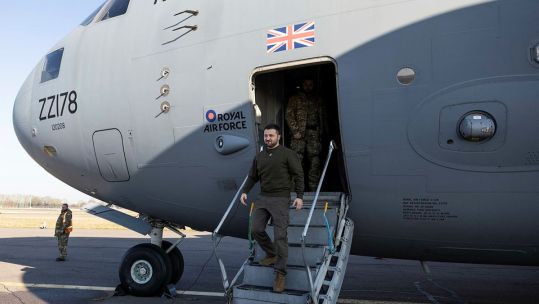 Image of Volodymyr Zelenskyy, President of Ukraine arriving at Stansted airport in the United Kingdom 08022023 credit MOD.jpg