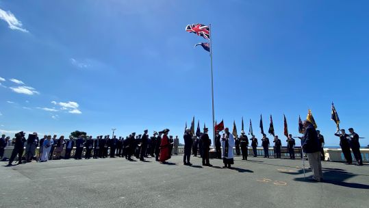 In Plymouth The Falklands flag and the union flag raised in the city to honour the courage and commitment of those who served 14062022 CREDIT BFBS.jpg