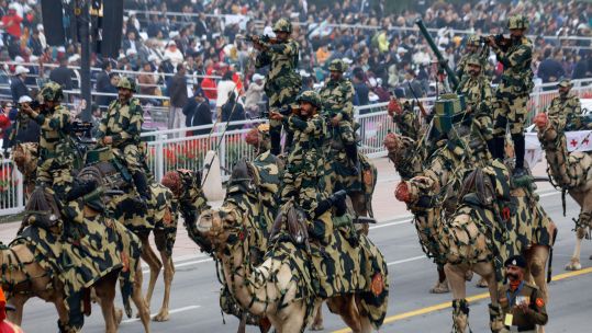 Camel-mounted Indian Border Security Force (BSF) contingent at Kartavya Path during the 74th Republic Day Parade celebration.  (Picture: SOPA Images Limited / Alamy).
