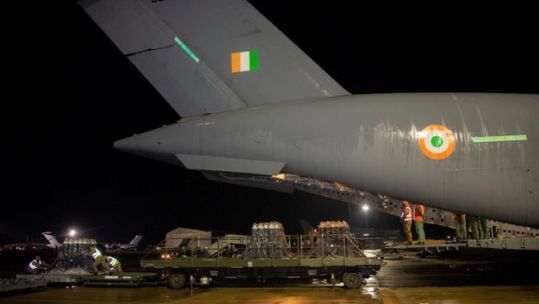 Indian Air Force C-17 Globemaster III from No. 81 Squadron lands at RAF Brize Norton to collect oxygen cylinders to help India fight COVID-19 03052021 CREDIT MOD