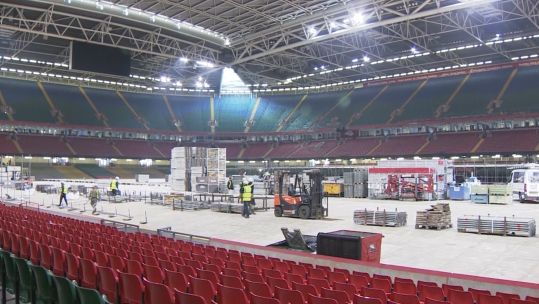 Interior of Principality Stadium during conversion to Dragons Heart Hospital.